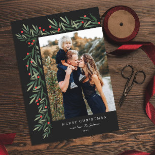 Tarjeta Festiva Navidades de fotografía de Winter Greenery Black