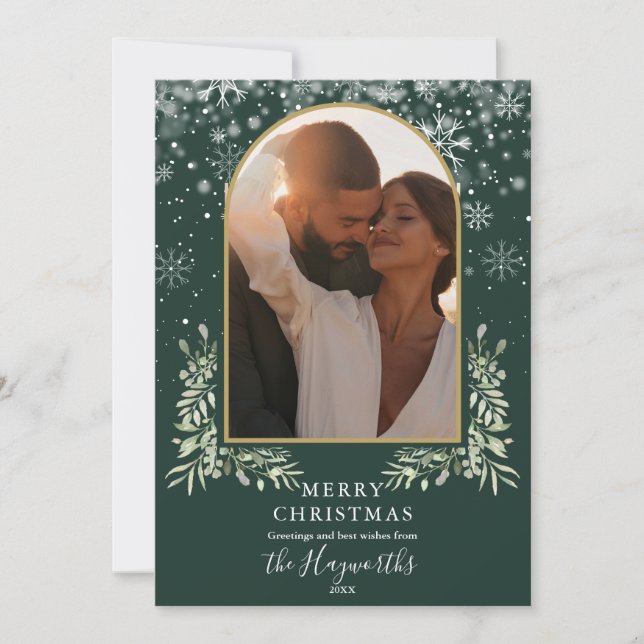 Tarjeta Festiva Navidades de fotografía del Green Gold Arch Script (Anverso)