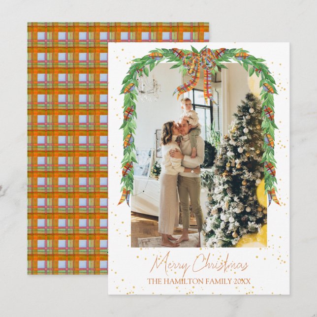 Tarjeta Festiva Navidades de fotografía del Naranja Bow Garland (Anverso / Reverso)