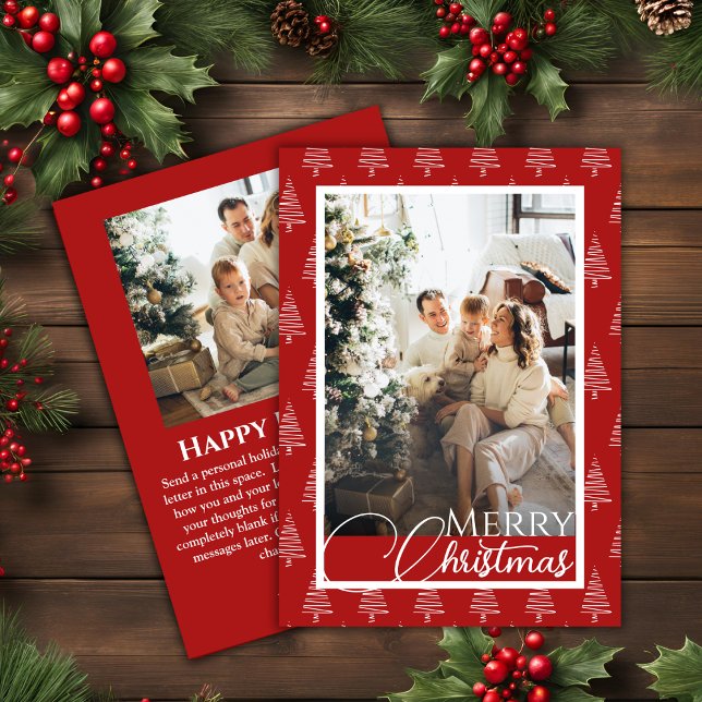 Tarjeta Festiva Navidades De Fotografía Del Patrón De Árbol Rojo Y (Red And White Tree Pattern Photo Christmas Holiday Card)