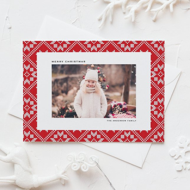 Tarjeta Festiva Navidades de fotografía del patrón de Knit de invi (Red Fair Isle Winter Knit Pattern Photo Christmas Holiday Card)
