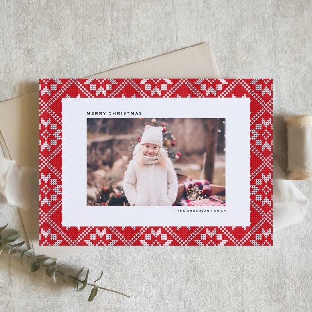 Tarjeta Festiva Navidades de fotografía del patrón de Knit de invi (Red Fair Isle Winter Knit Pattern Photo Christmas Holiday Card)