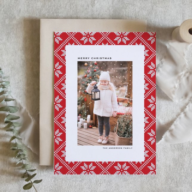 Tarjeta Festiva Navidades de fotografía del patrón de Knit de la I (Red Fair Isle Knit Pattern Photo Christmas Holiday Card)