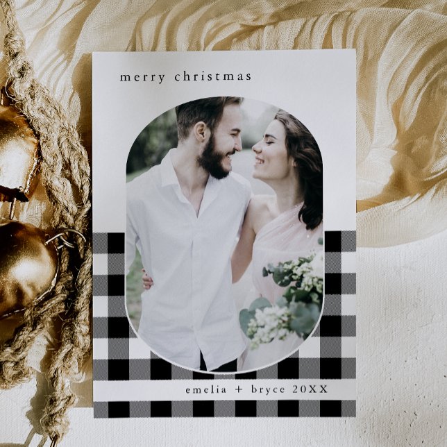 Tarjeta Festiva NAVIDADES de fotografía familiares de la familia A (ANNA Black Buffalo Plaid Family Photo Christmas Holiday Card)