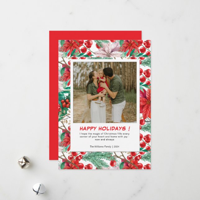 Tarjeta Festiva Navidades de fotografía familiares Red Poinsettia  (Anverso/Reverso In Situ)