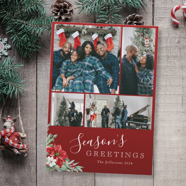 Tarjeta Festiva Navidades de fotografía familiares rojas de saludo (Season's Greetings Red Family Photo Christmas Holiday Card)