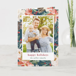 Tarjeta Festiva Navidades de fotografía floral de Poinsettia Holly