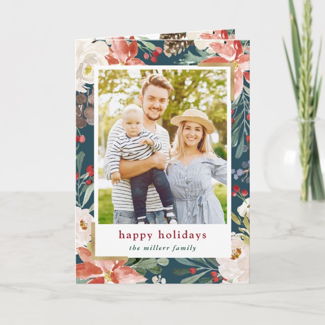 Tarjeta Festiva Navidades de fotografía floral de Poinsettia Holly (Anverso)