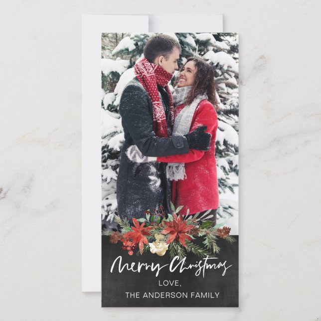 Tarjeta Festiva Navidades de fotografía floral Rustic Wood Chalkbo (Anverso)