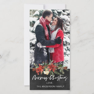 Tarjeta Festiva Navidades de fotografía floral Rustic Wood Chalkbo