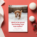 Tarjeta Festiva Navidades de fotografía graciosos Mascotas de Cute<br><div class="desc">Celebra las festividades con la "Tarjeta de Festividad para Navidades de Fotografía de Perro Gracioso". Con un mensaje lúdico, "Intenté ser bueno, pero ser lindo era más fácil", junto con un alegre perro mascota corriendo en la nieve, esta tarjeta agrega humor a tus saludos de Navidad. El guión rojo festivo...</div>