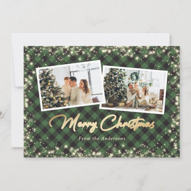 Tarjeta Festiva Navidades de fotografía Green Buffalo Plaid Gold (Anverso)