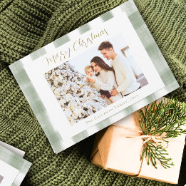 Tarjeta Festiva Navidades de fotografía Green Gingham Plaid Waterc