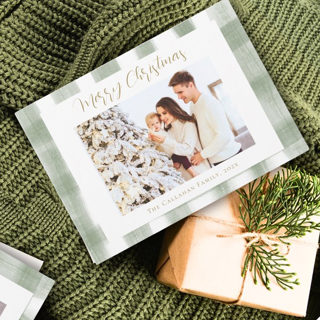 Tarjeta Festiva Navidades de fotografía Green Gingham Plaid Waterc (Subido por el creador)