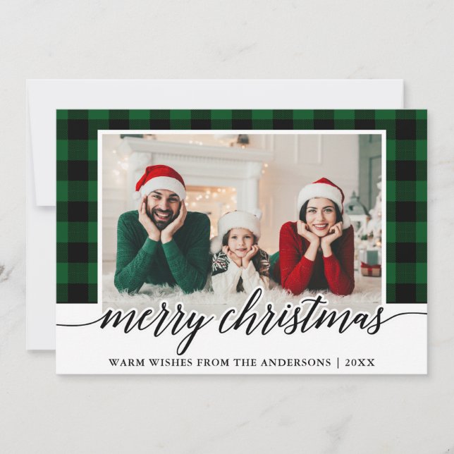 Tarjeta Festiva Navidades de fotografía Green Plaid de caligrafía  (Anverso)