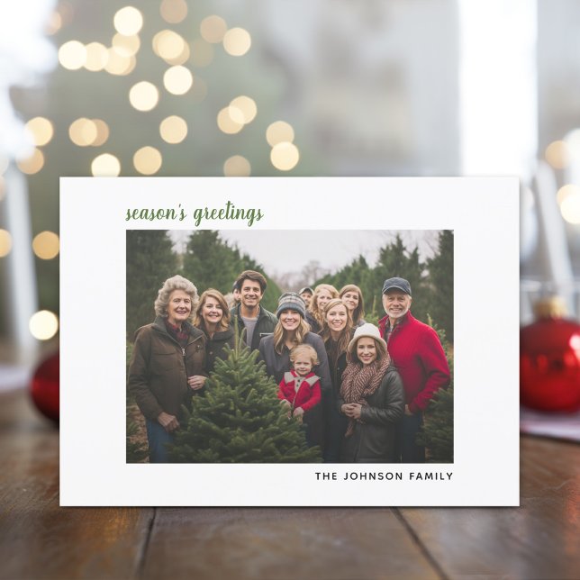 Tarjeta Festiva Navidades de fotografía horizontales Green Plaid H (Season's Greetings - Photo card for family or corporate photo)