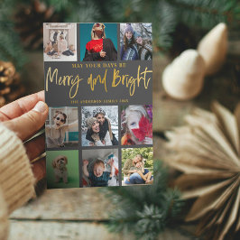 Tarjeta Festiva Navidades de fotografía Merry and Bright Faux Gold