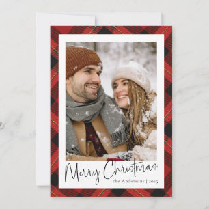 Tarjeta Festiva Navidades de fotografía modernos de Tartán rojo mí