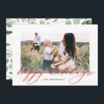 Tarjeta Festiva Navidades de fotografía modernos mínimos guión ele<br><div class="desc">Moderno follaje mínimo es feliz vacaciones guiado por tarjeta de Navidades de vacaciones. El eucalipto pintado a mano,  el follaje mínimo y la moderna corona rústica de mimbre le dan a esta tarjeta un ambiente lujoso. En verdes,  marrones y grises elegantes.</div>