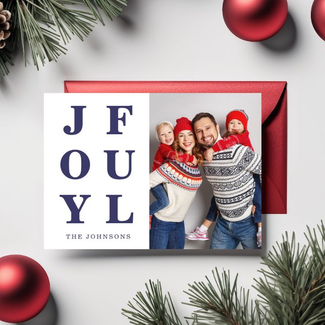 Tarjeta Festiva Navidades de fotografía modernos y jugosos (Modern Blue Joyful Photo Christmas Holiday Card)