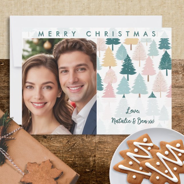 Tarjeta Festiva Navidades de fotografía Personalizado Pastel Pine  (An elegant Christmas card with pastel pine trees design, customizable with a photo and name(s))