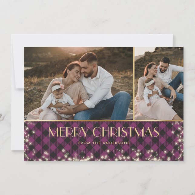 Tarjeta Festiva Navidades de fotografía Purple Buffalo Plaid Gold (Anverso)