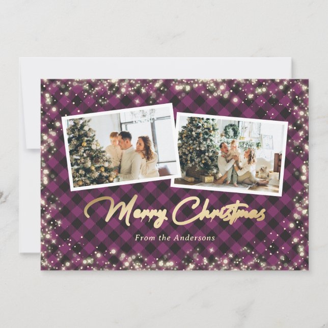 Tarjeta Festiva Navidades de fotografía Purple Buffalo Plaid Gold (Anverso)