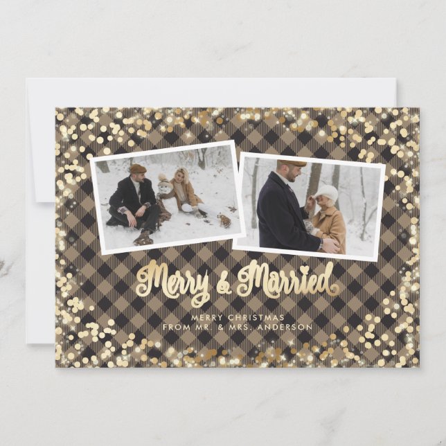 Tarjeta Festiva Navidades de fotografía recién casados Sparkly Pla (Anverso)