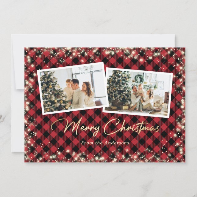 Tarjeta Festiva Navidades de fotografía Red Buffalo Plaid Gold (Anverso)