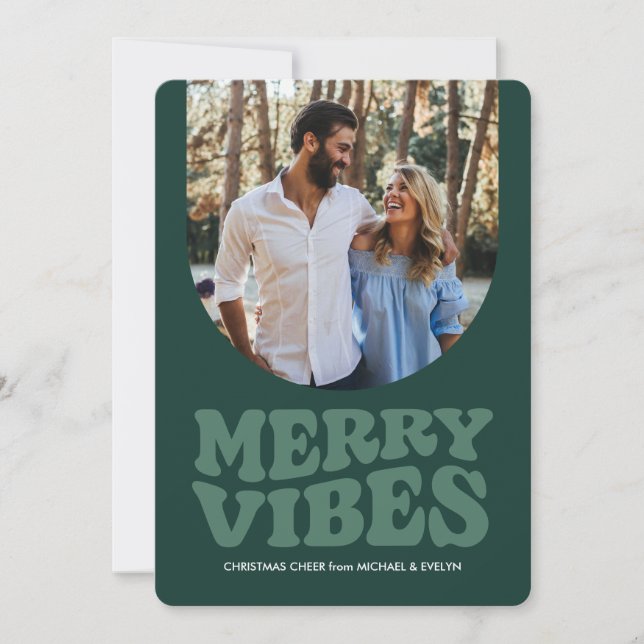 Tarjeta Festiva Navidades de fotografía retro-verde divertido con  (Anverso)