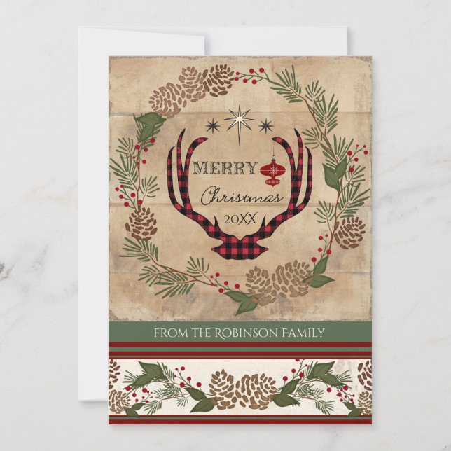 Tarjeta Festiva Navidades de fotografía Rustic Wooden Lodge Deer A (Anverso)
