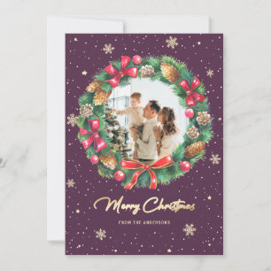 Tarjeta Festiva Navidades de fotografía Rustic Wreath Purple Gold