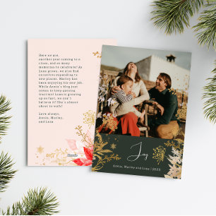 Tarjeta Festiva Navidades de fotografía vertical Boho Gold Floral