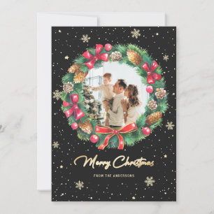 Tarjeta Festiva Navidades de fotografía Wreath Gold Black con copa