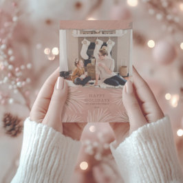 Tarjeta Festiva Navidades de fotografía y follaje de oro y rosado 