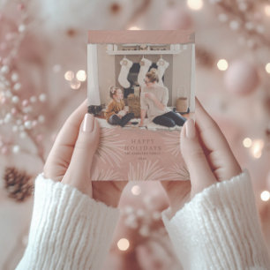 Tarjeta Festiva Navidades de fotografía y follaje de oro y rosado