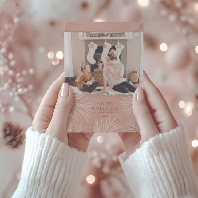 Tarjeta Festiva Navidades de fotografía y follaje de oro y rosado  (Subido por el creador)