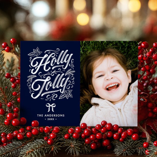 Tarjeta Festiva Navidades de fotografía y nombre de familia Holly  (Subido por el creador)