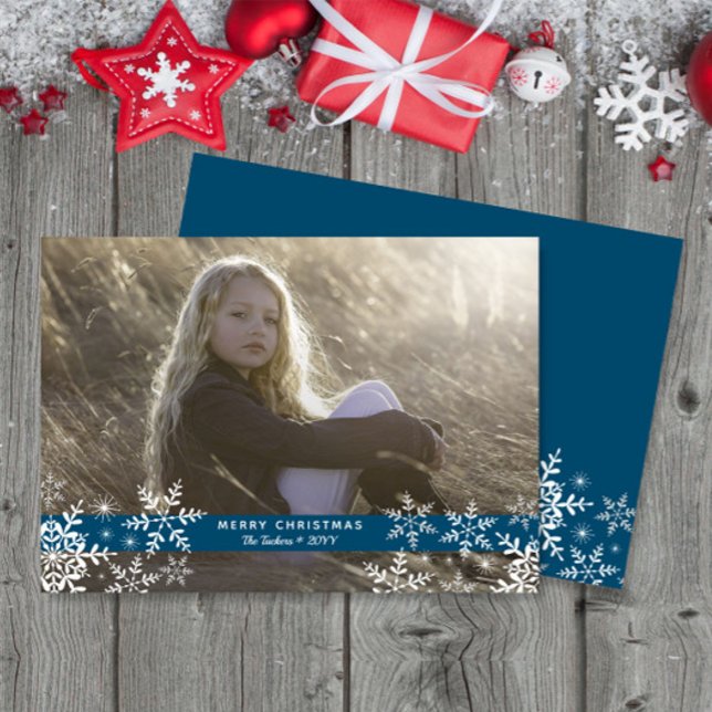 Tarjeta Festiva Navidades de fotos azules con copos de nieve senci (Subido por el creador)