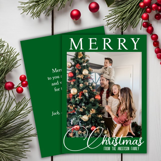 Tarjeta Festiva Navidades De Fotos Clásicos De La Familia Verde Y  (Classic Green And White Family Photo Christmas Holiday Card)