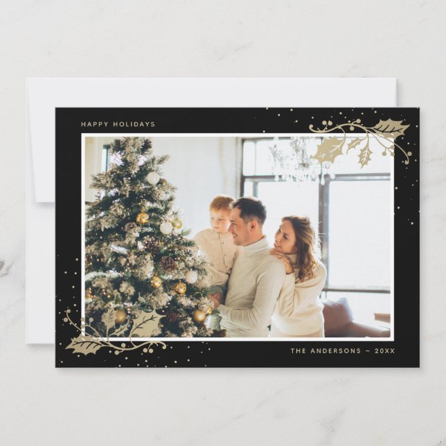 Tarjeta Festiva Navidades de fotos de Black Gold Holly Snowflakes (Anverso)