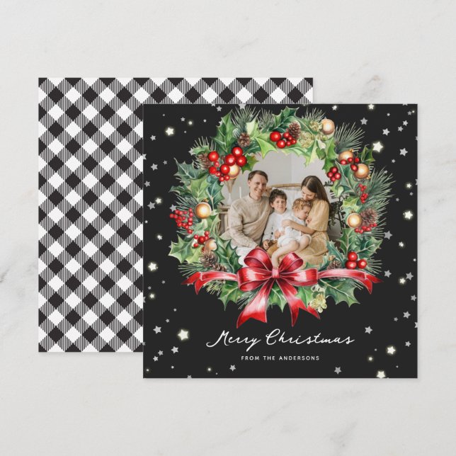 Tarjeta Festiva Navidades de fotos de Black White Buffalo Plaid St (Anverso / Reverso)