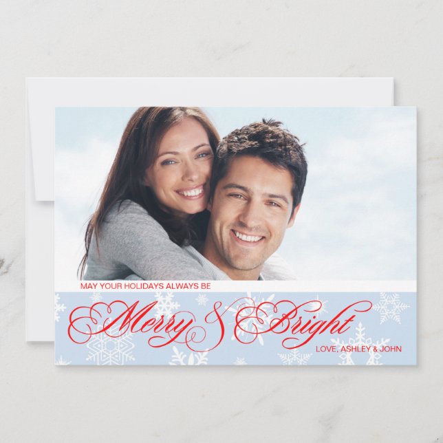 Tarjeta Festiva Navidades de fotos de copos de nieve rojos y azule (Anverso)