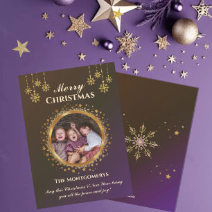 Tarjeta Festiva Navidades de fotos de estrellas doradas y copos de