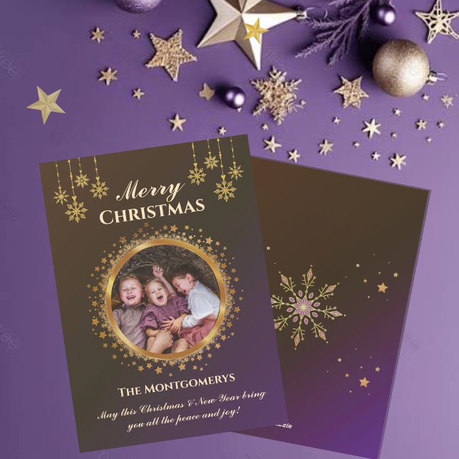 Tarjeta Festiva Navidades de fotos de estrellas doradas y copos de (Subido por el creador)