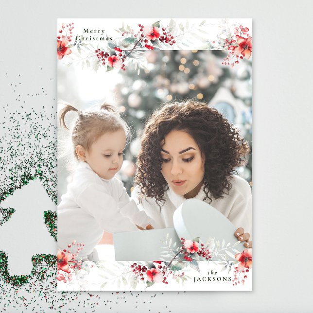 Tarjeta Festiva navidades de fotos de flores de monograma tradicio (Subido por el creador)