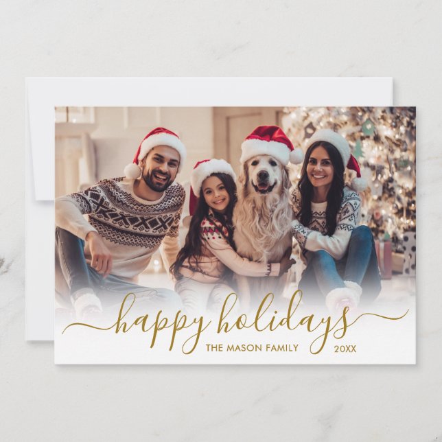 Tarjeta Festiva Navidades de fotos de Happy Holidays Gold Script 2 (Anverso)