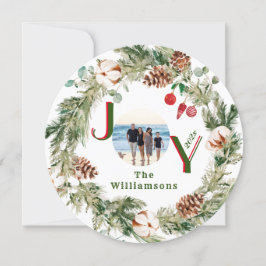 Tarjeta Festiva NAVIDADES de fotos de JOY Wreath Green Red Letters