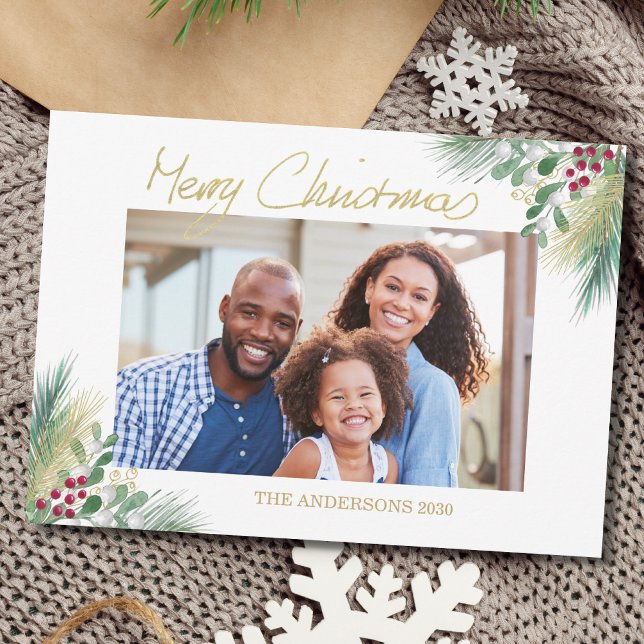 Tarjeta Festiva Navidades de fotos de Merry Christmas Gold Berries (Subido por el creador)