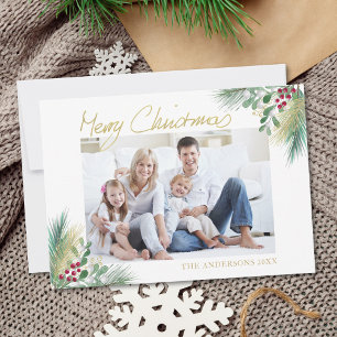 Tarjeta Festiva Navidades de fotos de Merry Christmas Gold Berries